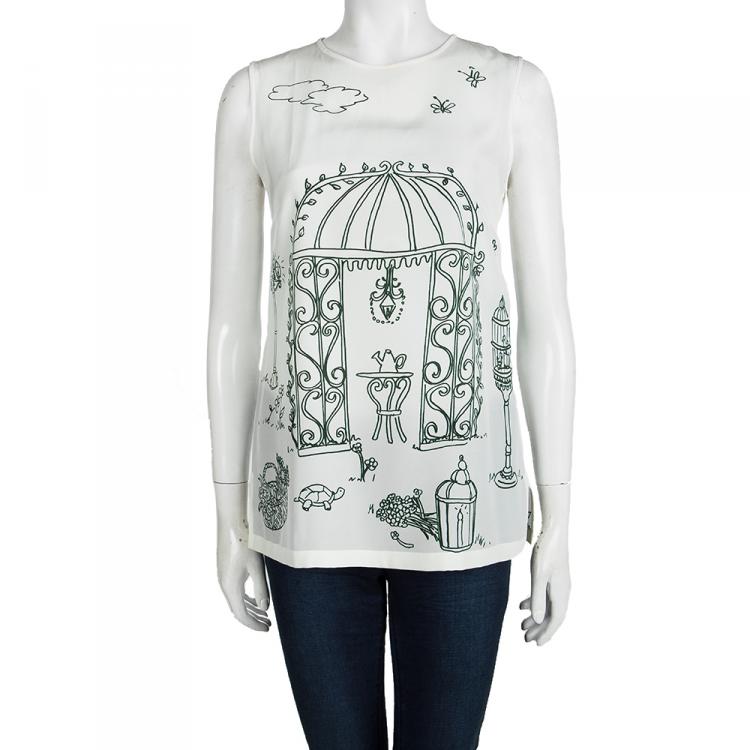 Pre Owned Dolce and Gabbana White Botanical Garden Printed Silk Sleeveless Top S