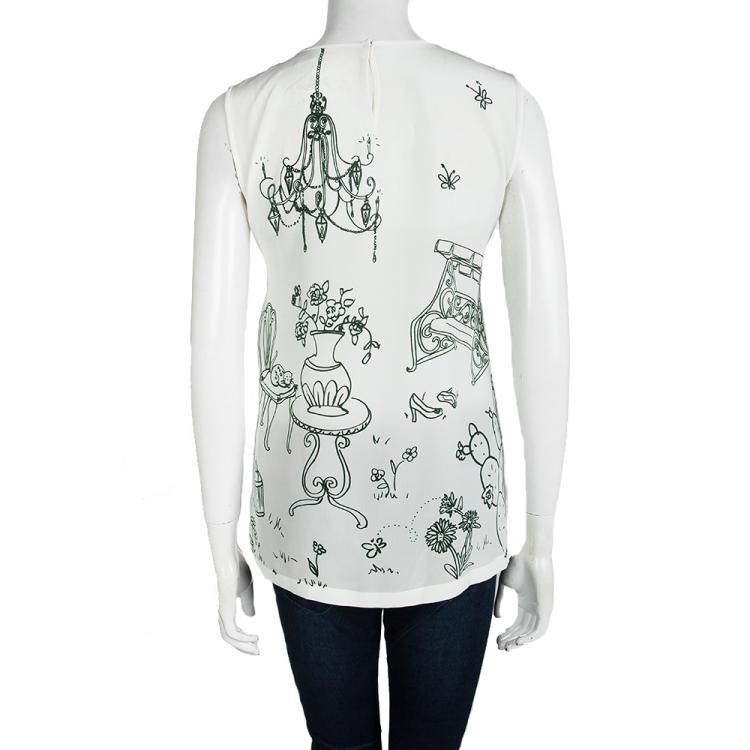 Pre Owned Dolce and Gabbana White Botanical Garden Printed Silk Sleeveless Top S
