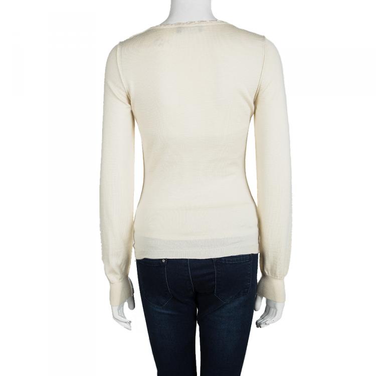Pre Owned Dolce and Gabbana Cream Perforated Knit Detail Long Sleeve Sweater M