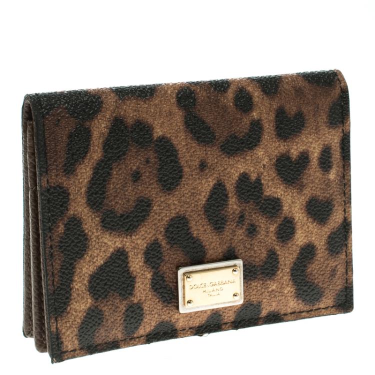 Pre Owned Dolce and Gabbana Brown Leopard Print Leather Flap Card Holder