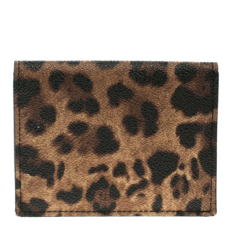Pre Owned Dolce and Gabbana Brown Leopard Print Leather Flap Card Holder