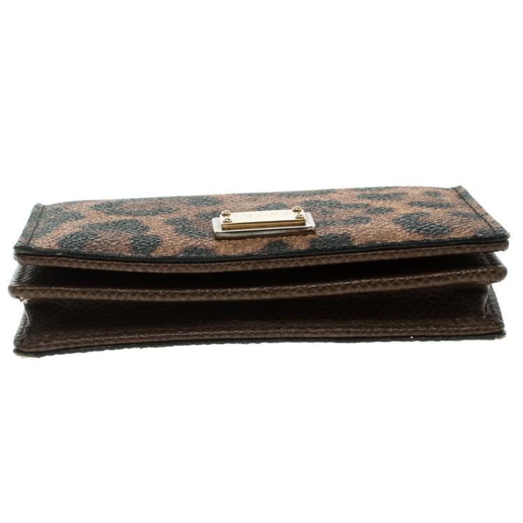 Pre Owned Dolce and Gabbana Brown Leopard Print Leather Flap Card Holder