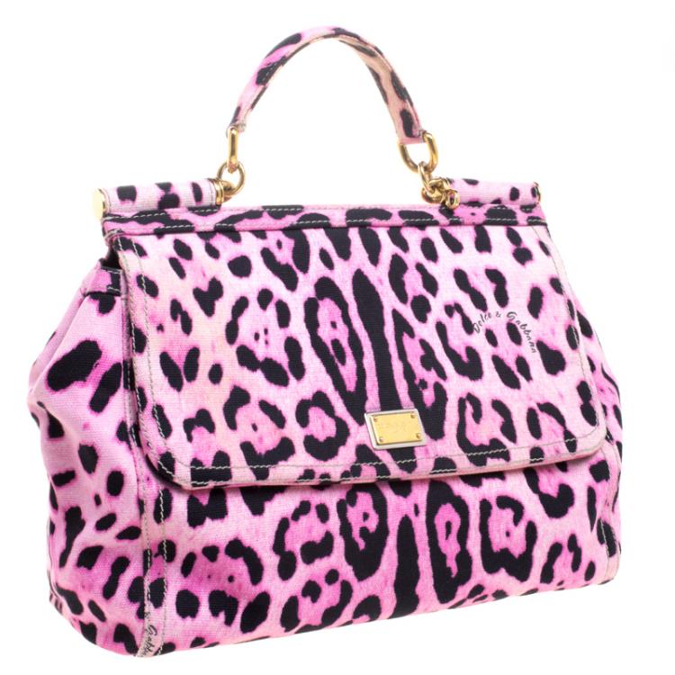 Pre Owned Dolce and Gabbana Pink Leopard Print Canvas Large Miss Sicily Top Handle Bag