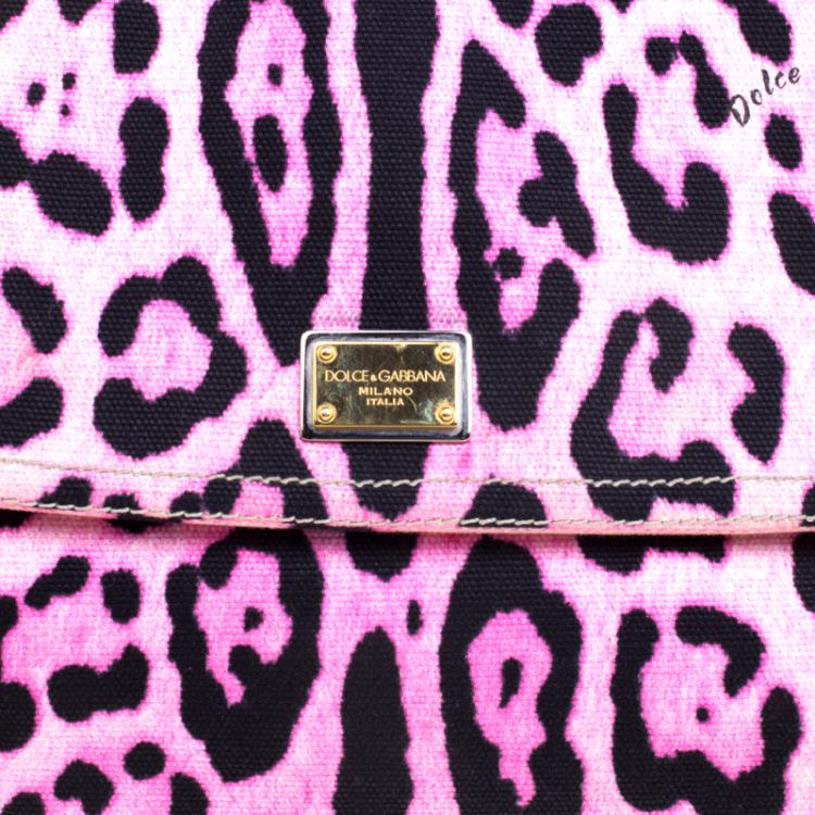 Pre Owned Dolce and Gabbana Pink Leopard Print Canvas Large Miss Sicily Top Handle Bag