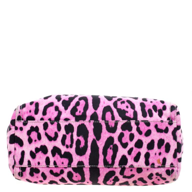 Pre Owned Dolce and Gabbana Pink Leopard Print Canvas Large Miss Sicily Top Handle Bag