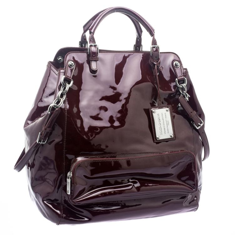 Pre Owned Dolce and Gabbana Burgundy Patent Leather Miss Pocket Tote 