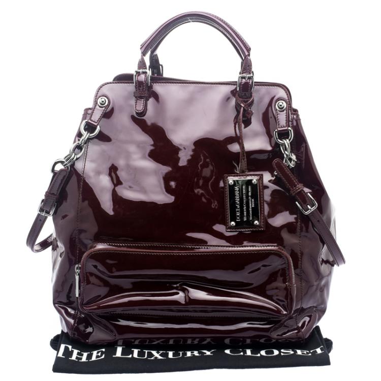 Pre Owned Dolce and Gabbana Burgundy Patent Leather Miss Pocket Tote 