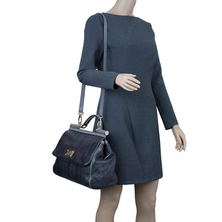Pre Owned Dolce and Gabbana Grey Leather Large Striped Miss Sicily Tote