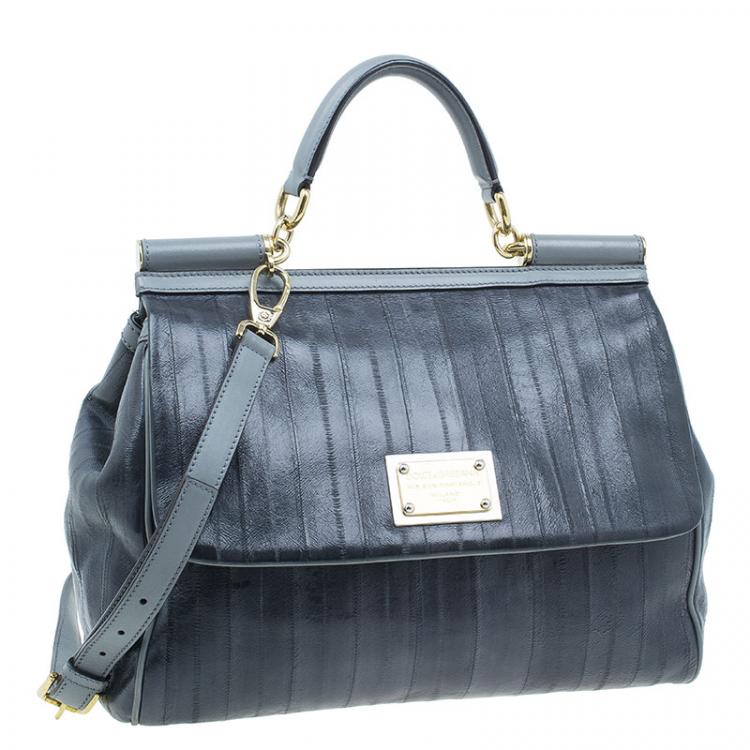 Pre Owned Dolce and Gabbana Grey Leather Large Striped Miss Sicily Tote