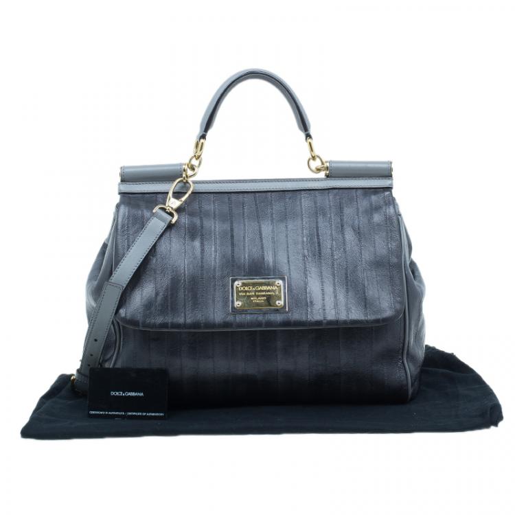 Pre Owned Dolce and Gabbana Grey Leather Large Striped Miss Sicily Tote