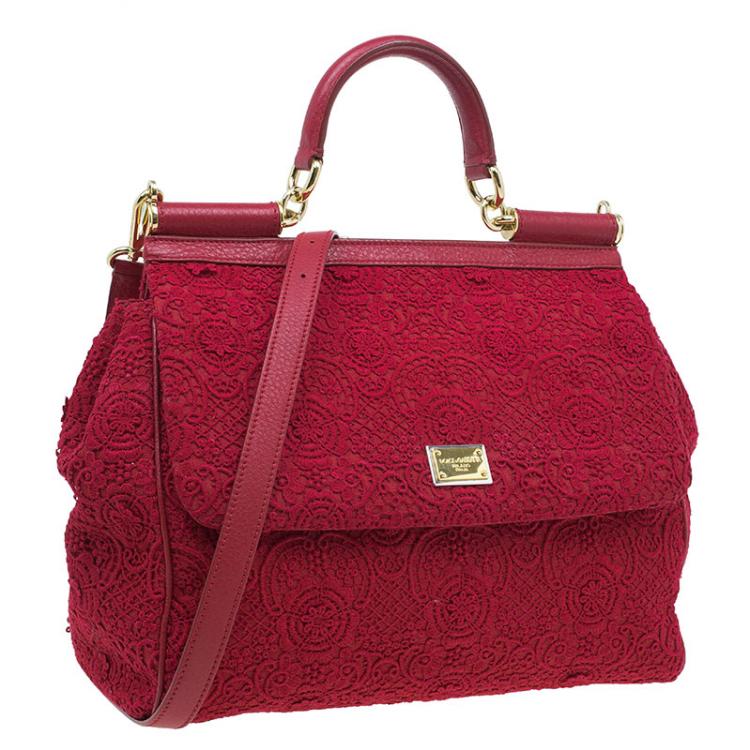 Pre Owned Dolce and Gabbana Red Crochet Rose Large Miss Sicily Tote