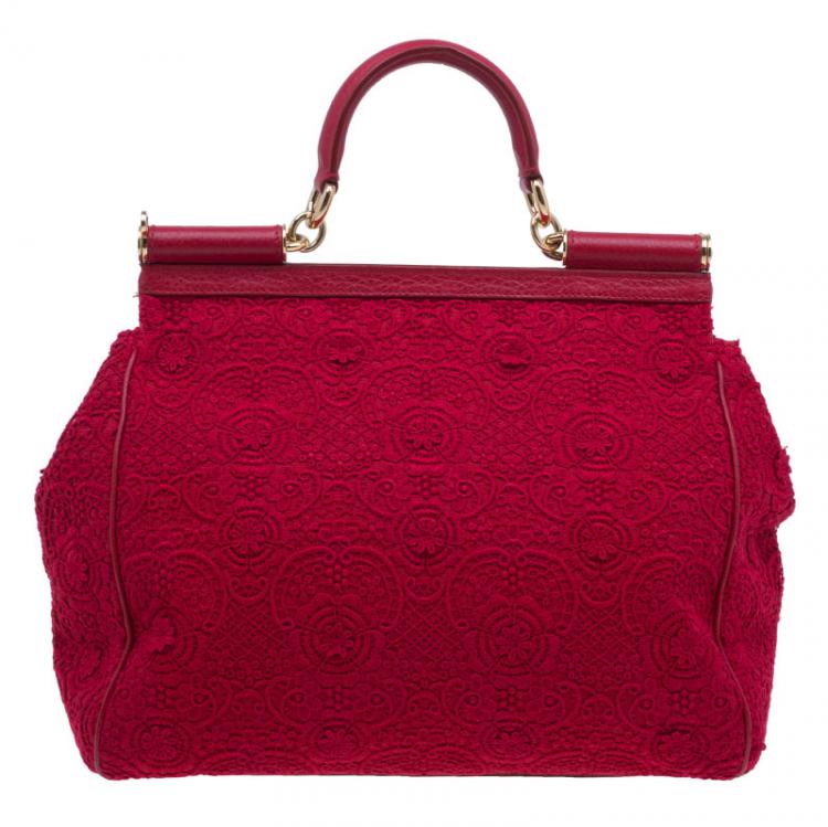 Pre Owned Dolce and Gabbana Red Crochet Rose Large Miss Sicily Tote