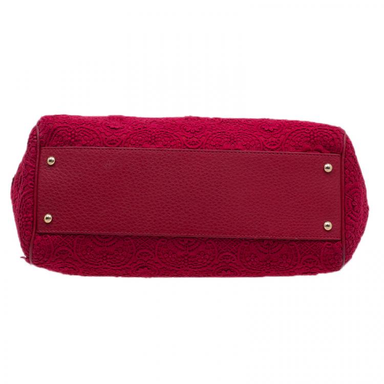 Pre Owned Dolce and Gabbana Red Crochet Rose Large Miss Sicily Tote