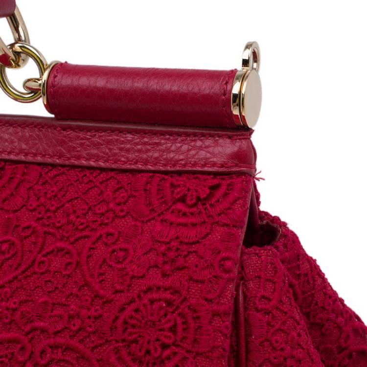 Pre Owned Dolce and Gabbana Red Crochet Rose Large Miss Sicily Tote