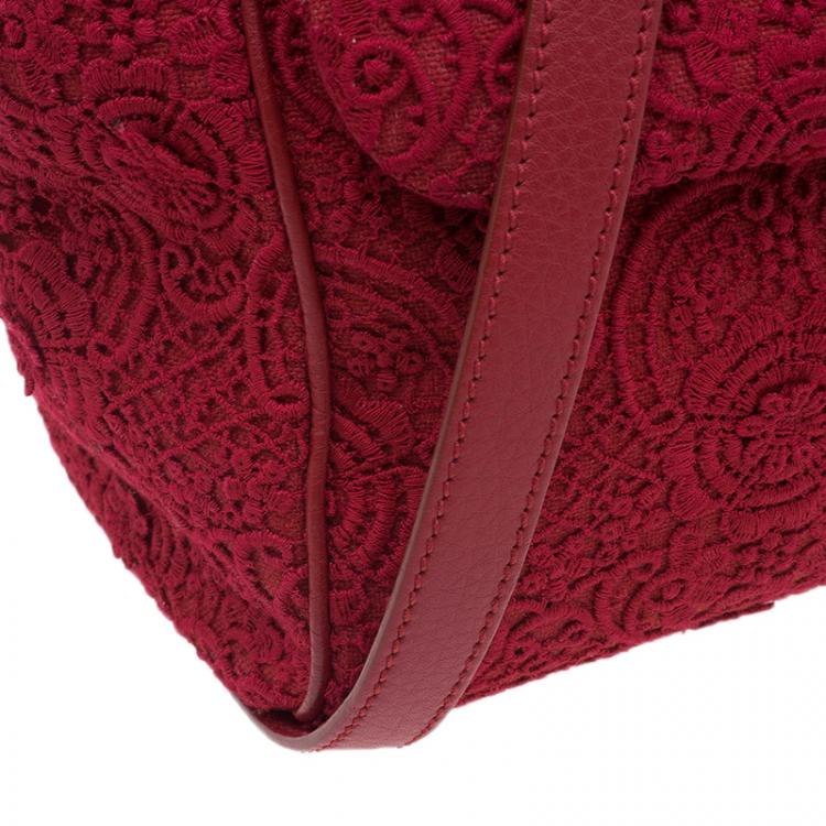 Pre Owned Dolce and Gabbana Red Crochet Rose Large Miss Sicily Tote