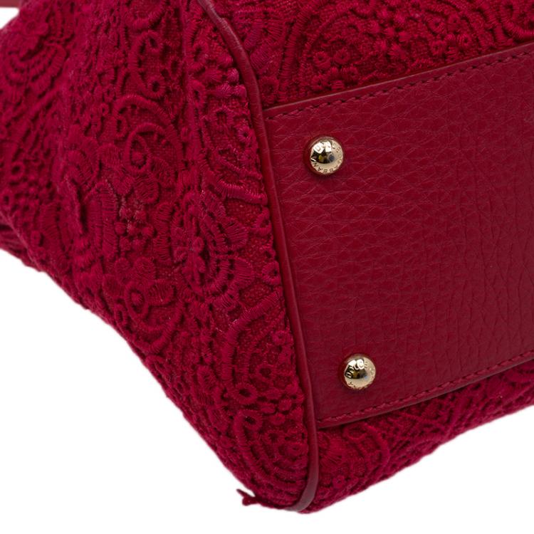 Pre Owned Dolce and Gabbana Red Crochet Rose Large Miss Sicily Tote