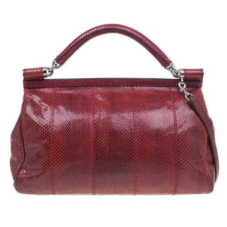 Pre Owned Dolce and Gabbana Red Snake Skin Medium Miss Sicily Tote Bag