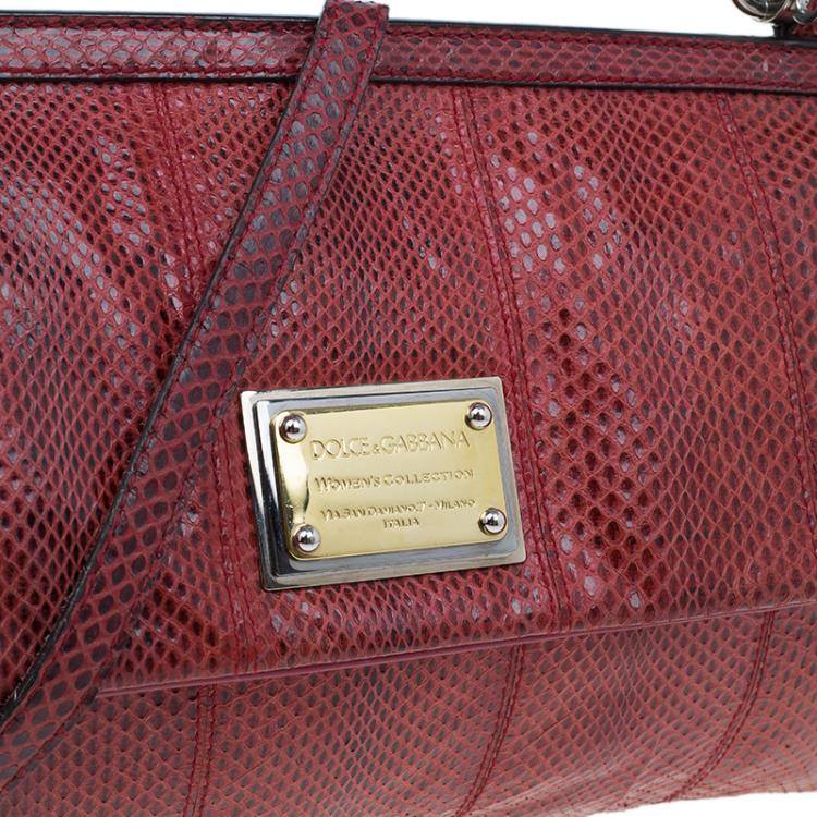 Pre Owned Dolce and Gabbana Red Snake Skin Medium Miss Sicily Tote Bag