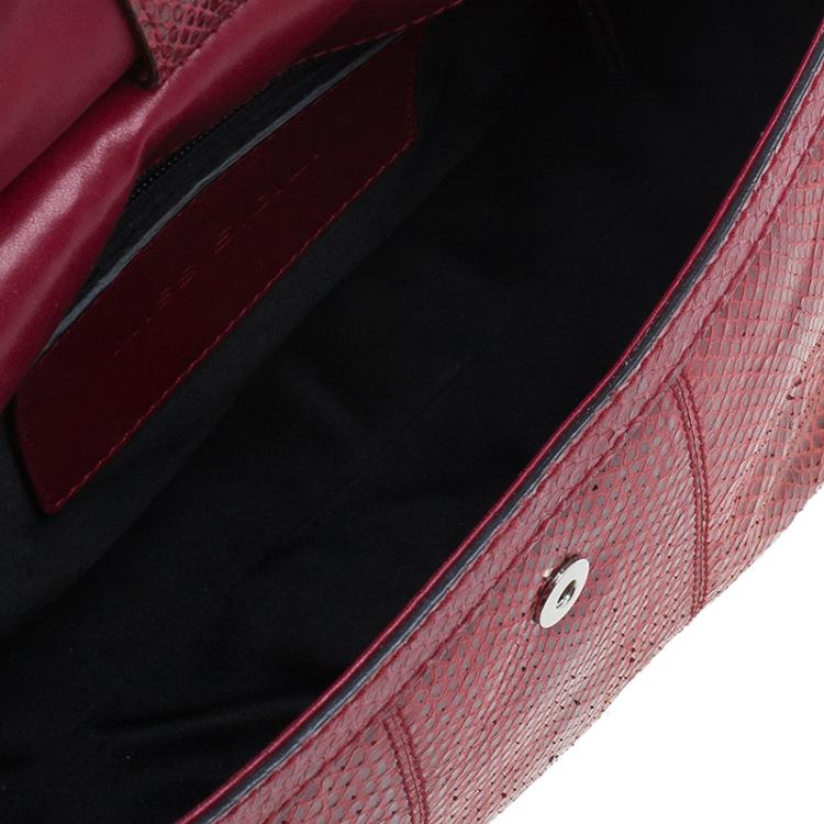 Pre Owned Dolce and Gabbana Red Snake Skin Medium Miss Sicily Tote Bag