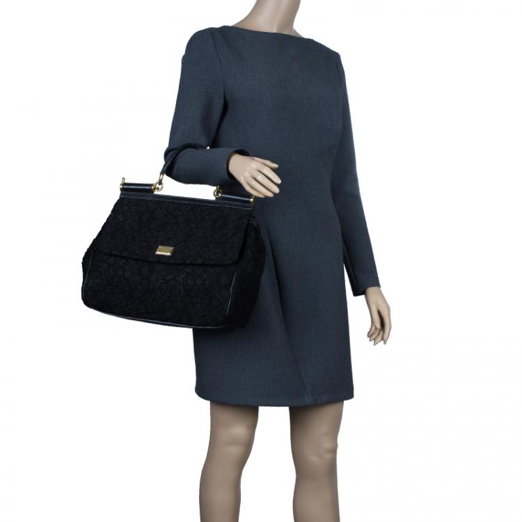 Pre Owned Dolce and Gabbana Black Lace and Leather Medium Miss Sicily Bag