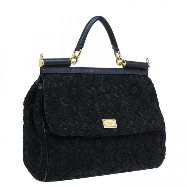 Pre Owned Dolce and Gabbana Black Lace and Leather Medium Miss Sicily Bag