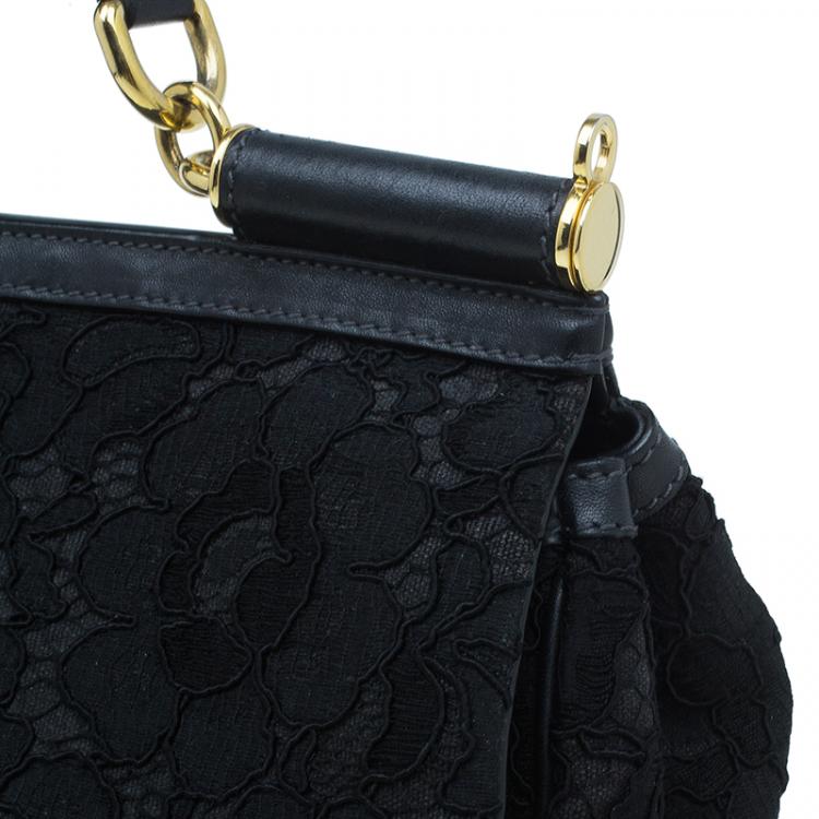 Pre Owned Dolce and Gabbana Black Lace and Leather Medium Miss Sicily Bag
