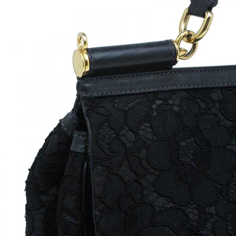Pre Owned Dolce and Gabbana Black Lace and Leather Medium Miss Sicily Bag