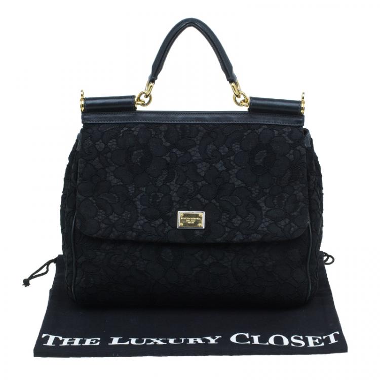 Pre Owned Dolce and Gabbana Black Lace and Leather Medium Miss Sicily Bag