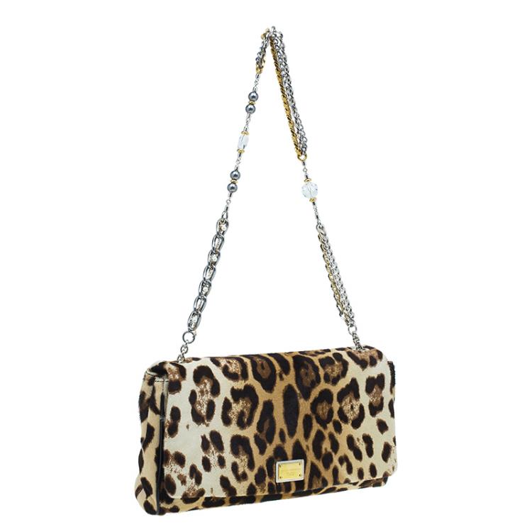 Pre Owned Dolce and Gabbana Brown Leopard Print Pony Hair Charles Shoulder Bag