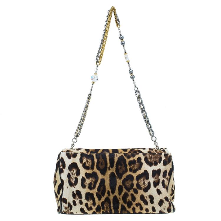 Pre Owned Dolce and Gabbana Brown Leopard Print Pony Hair Charles Shoulder Bag