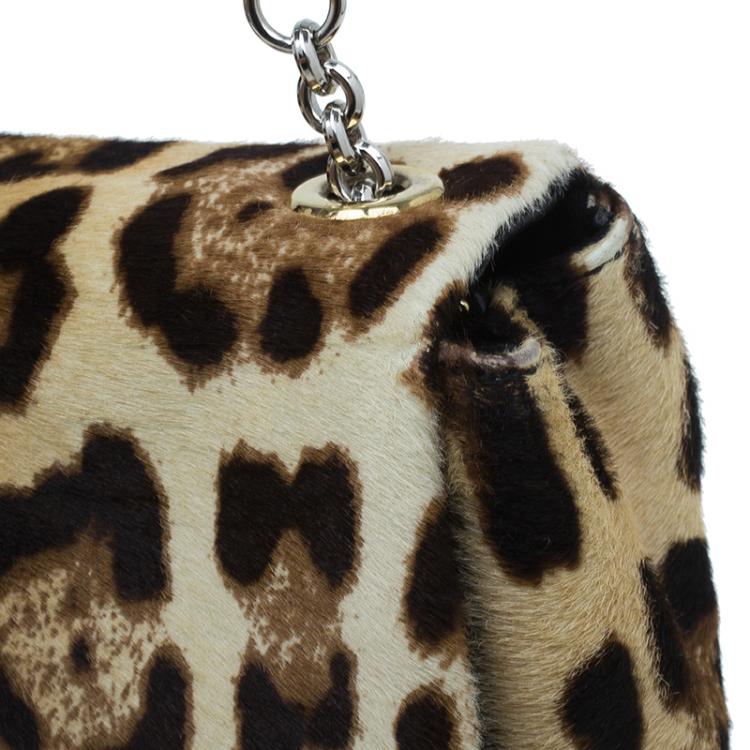 Pre Owned Dolce and Gabbana Brown Leopard Print Pony Hair Charles Shoulder Bag