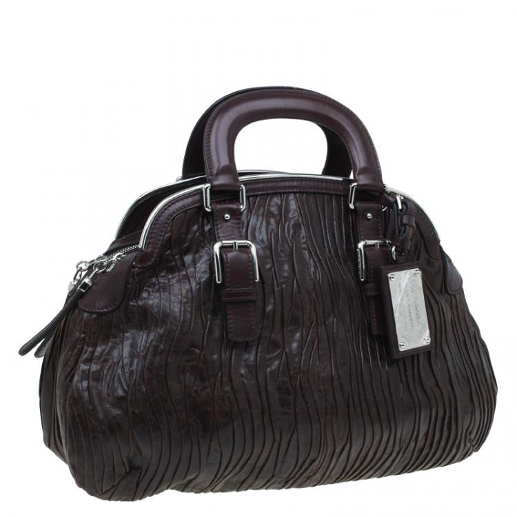 Pre Owned Dolce and Gabbana Brown Pleated Leather Miss Bauletto Dome Satchel