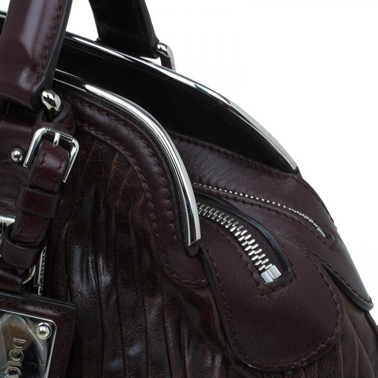Pre Owned Dolce and Gabbana Brown Pleated Leather Miss Bauletto Dome Satchel