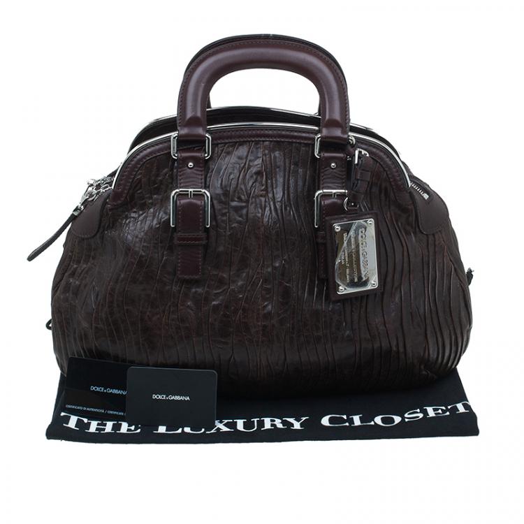 Pre Owned Dolce and Gabbana Brown Pleated Leather Miss Bauletto Dome Satchel