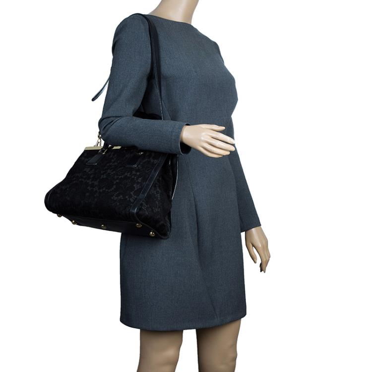 Pre Owned Dolce and Gabbana Black Lace and Leather Miss Sofia Top Handle Bag