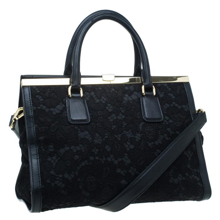 Pre Owned Dolce and Gabbana Black Lace and Leather Miss Sofia Top Handle Bag