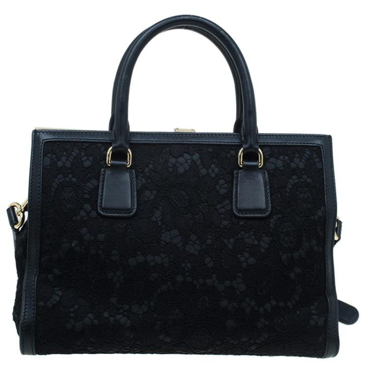 Pre Owned Dolce and Gabbana Black Lace and Leather Miss Sofia Top Handle Bag