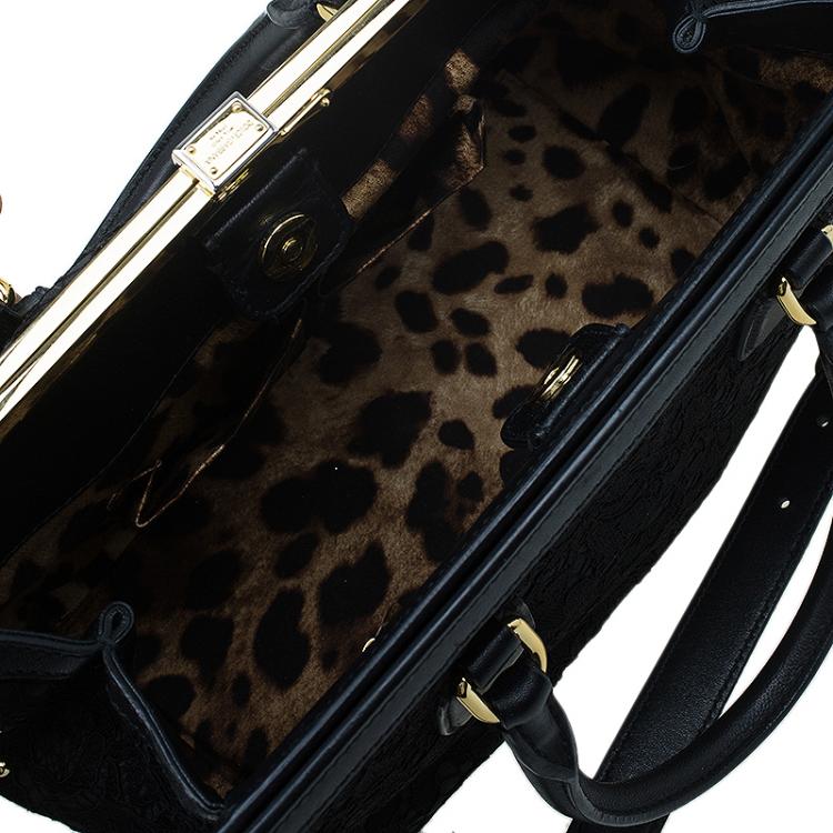 Pre Owned Dolce and Gabbana Black Lace and Leather Miss Sofia Top Handle Bag