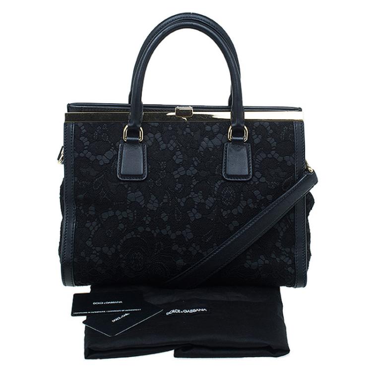 Pre Owned Dolce and Gabbana Black Lace and Leather Miss Sofia Top Handle Bag