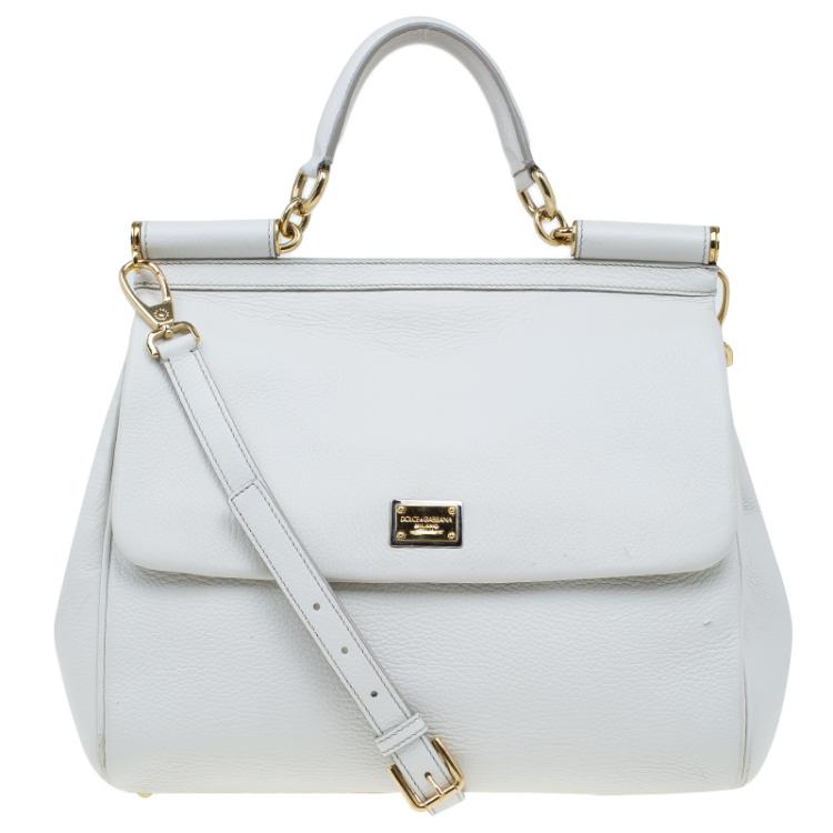 Pre Owned Dolce and Gabbana White Calfskin Leather Medium Miss Sicily Tote
