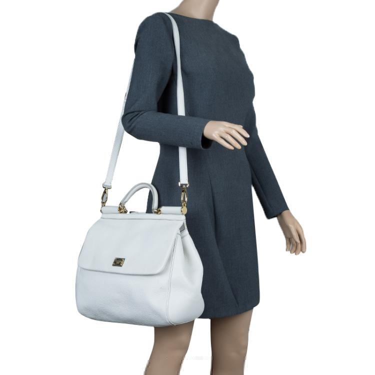 Pre Owned Dolce and Gabbana White Calfskin Leather Medium Miss Sicily Tote