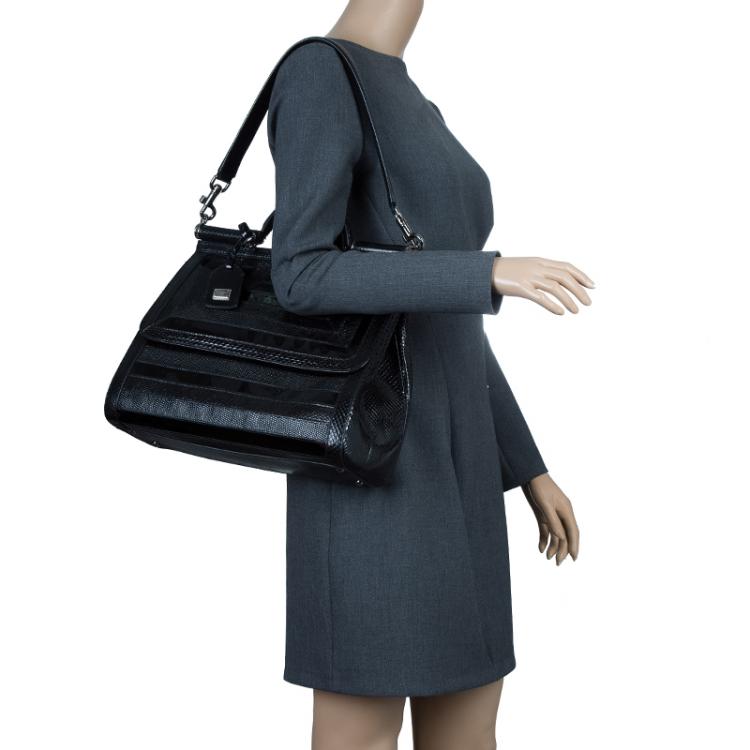 Pre Owned Dolce and Gabbana Black Python/Iguana Embossed Leather Large Miss Sicily Top Handle Bag