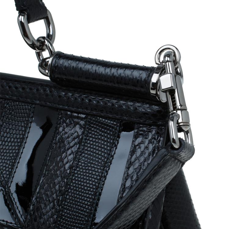 Pre Owned Dolce and Gabbana Black Python/Iguana Embossed Leather Large Miss Sicily Top Handle Bag