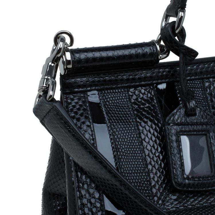 Pre Owned Dolce and Gabbana Black Python/Iguana Embossed Leather Large Miss Sicily Top Handle Bag