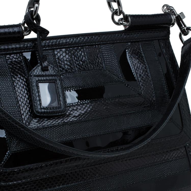 Pre Owned Dolce and Gabbana Black Python/Iguana Embossed Leather Large Miss Sicily Top Handle Bag