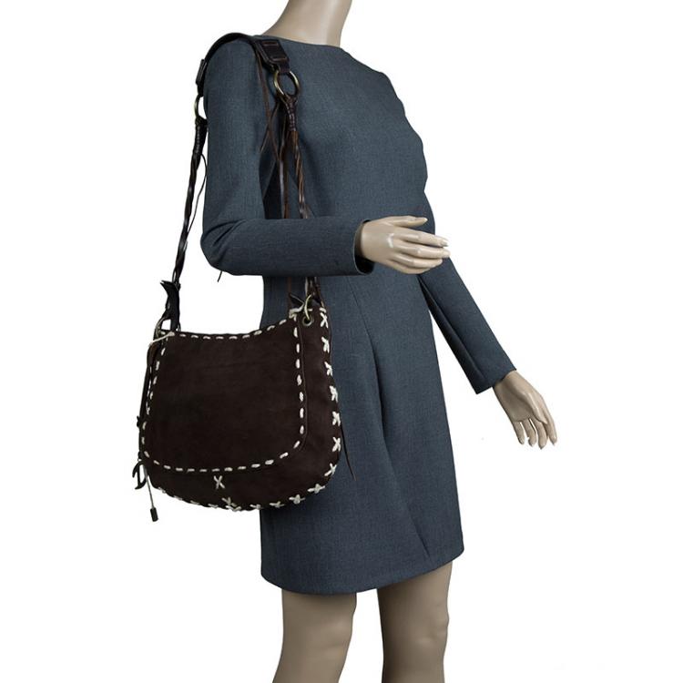 Pre Owned Dolce and Gabbana Dark Brown Suede Stitched Tassled Shoulder Bag