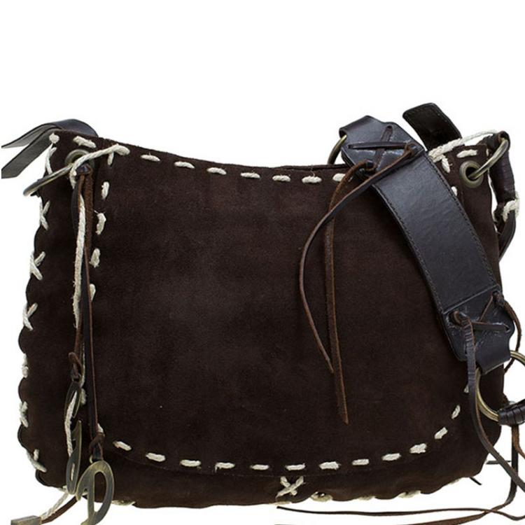 Pre Owned Dolce and Gabbana Dark Brown Suede Stitched Tassled Shoulder Bag