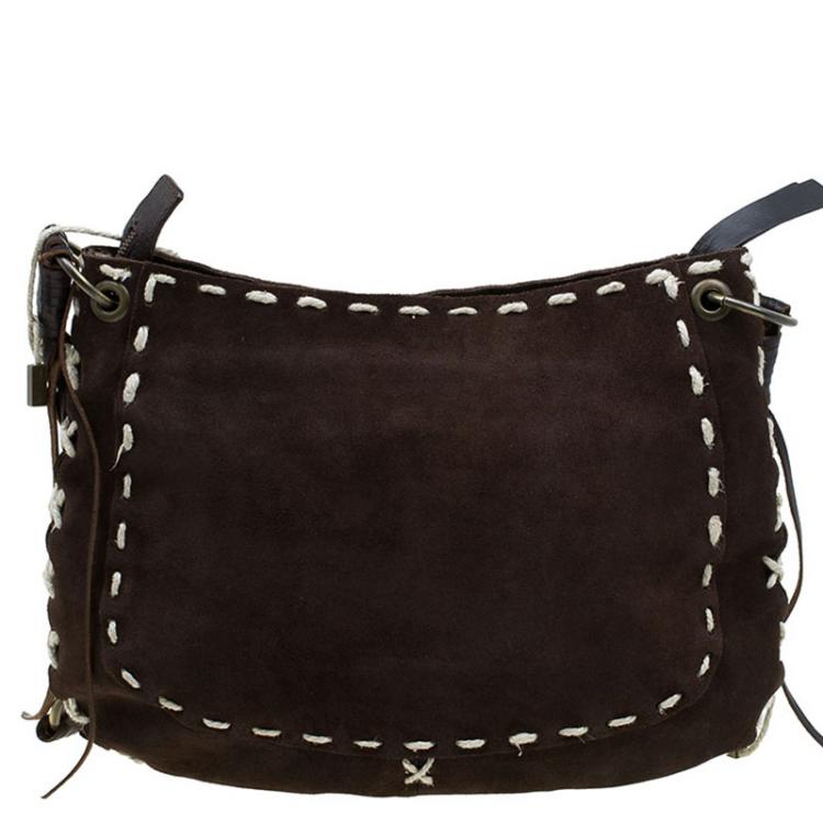 Pre Owned Dolce and Gabbana Dark Brown Suede Stitched Tassled Shoulder Bag