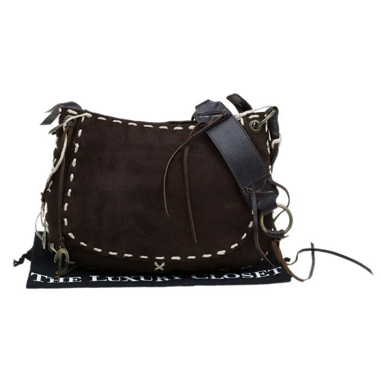 Pre Owned Dolce and Gabbana Dark Brown Suede Stitched Tassled Shoulder Bag