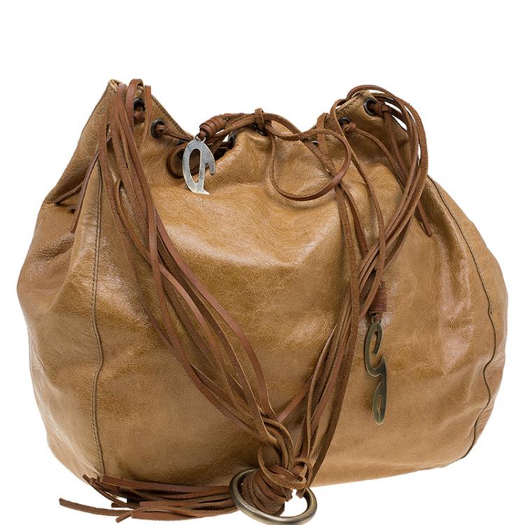 مملوكة مسبقًا Dolce and Gabbana Brown Leather Fringe Charm Bucket Hobo